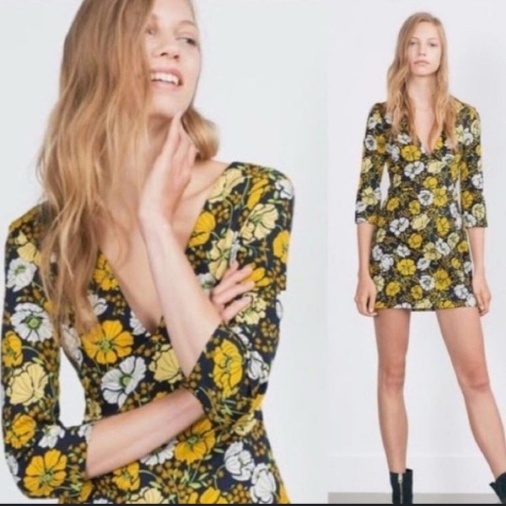 Zara Floral Long Sleeve Deep V Mini Dress